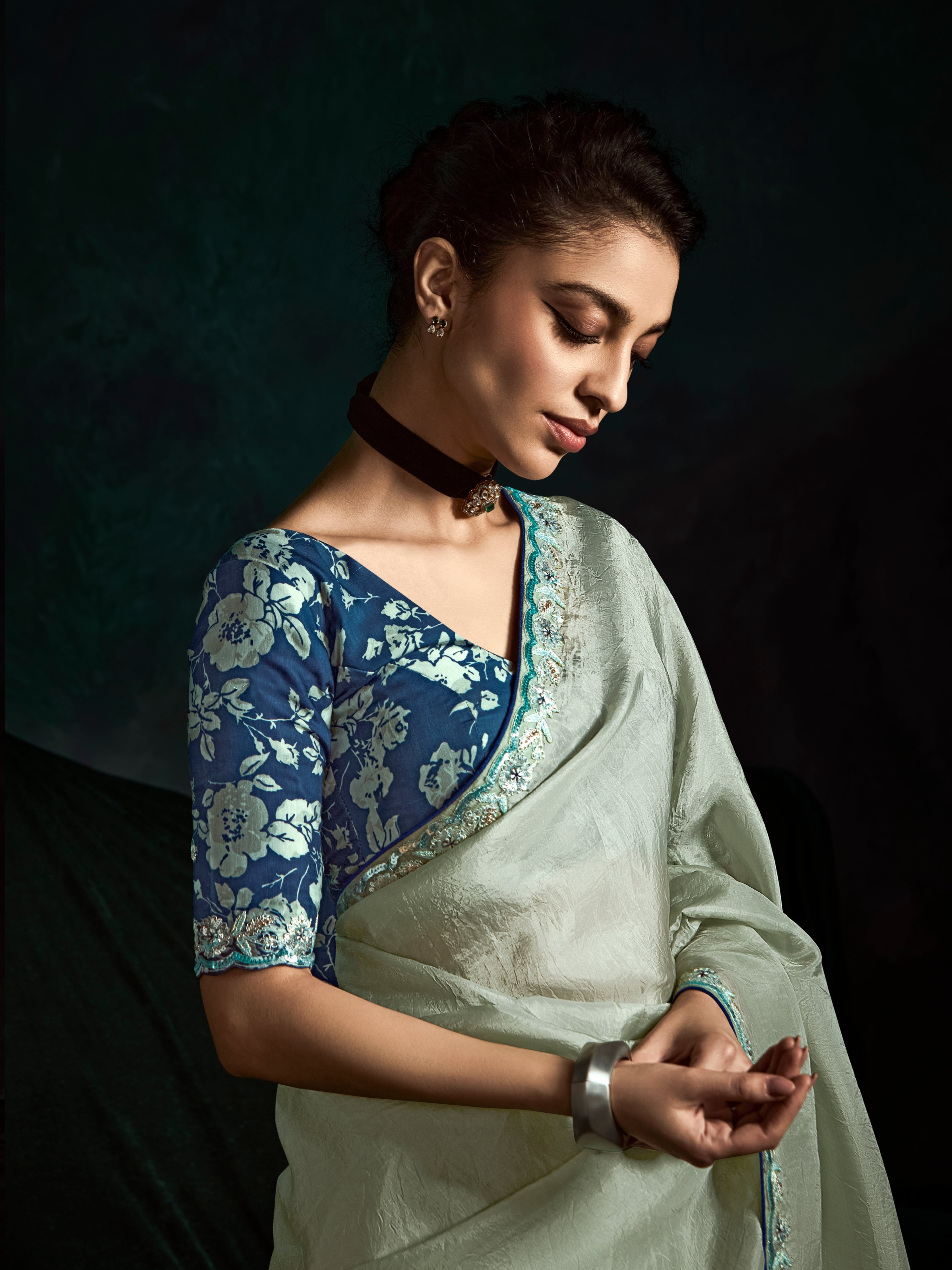 Light Mint Green Designer Saree with Sequin &amp; Thread Work