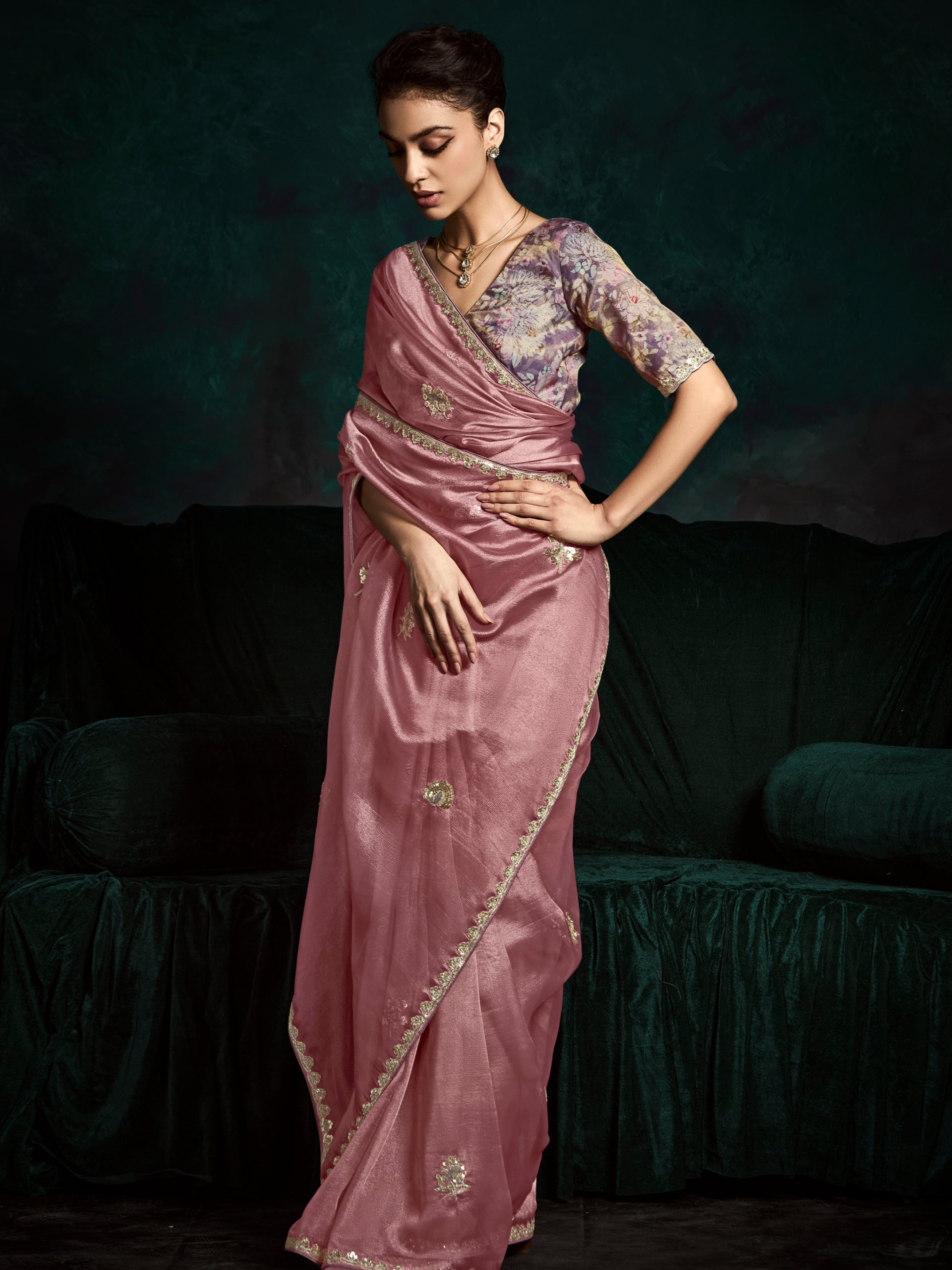 Blush Pink Designer Saree with Sequin &amp; Thread Embroidery