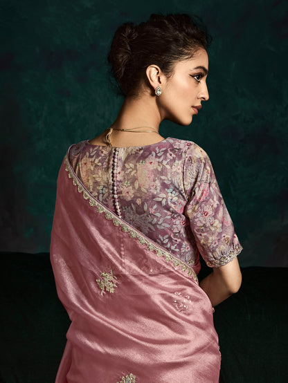 Blush Pink Designer Saree with Sequin &amp; Thread Embroidery