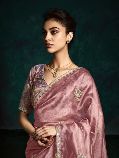 Blush Pink Designer Saree with Sequin &amp; Thread Embroidery