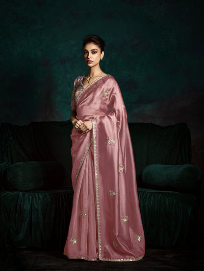 Blush Pink Designer Saree with Sequin &amp; Thread Embroidery