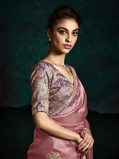 Blush Pink Designer Saree with Sequin &amp; Thread Embroidery