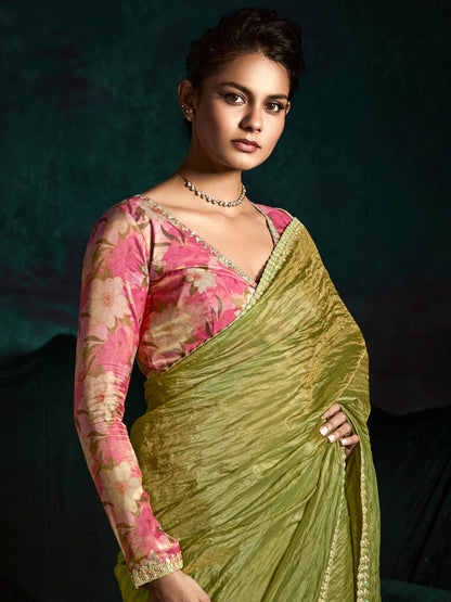 Olive Green Designer Saree with Sequin &amp; Thread Embroidery