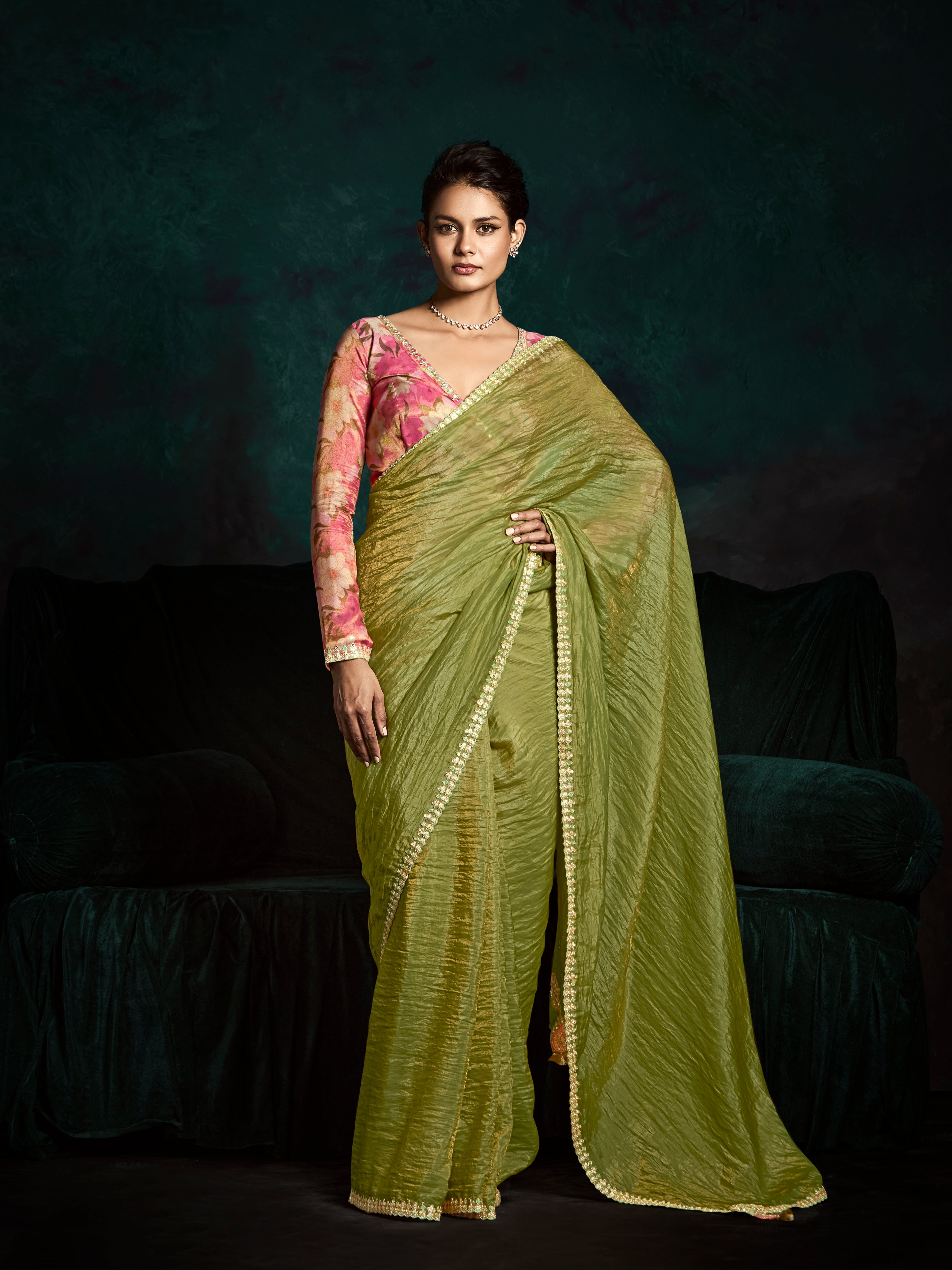 Olive Green Designer Saree with Sequin &amp; Thread Embroidery