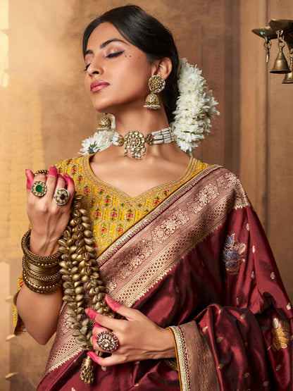 Maroon Banarasi Silk Saree with Rich Weaving &amp; Zari Work