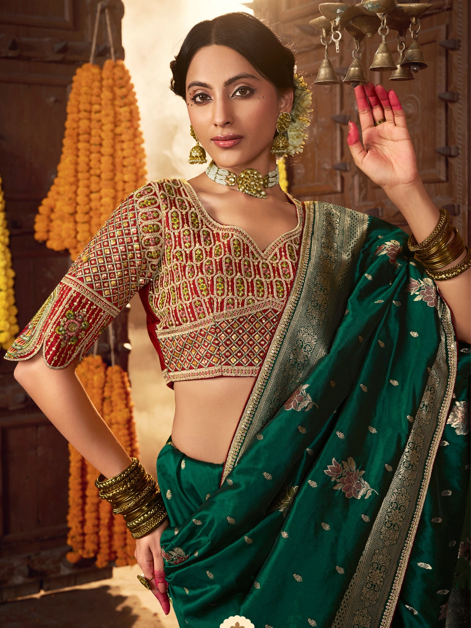 Green Banarasi Silk Saree with Antique Zari &amp; Heavy Pallu
