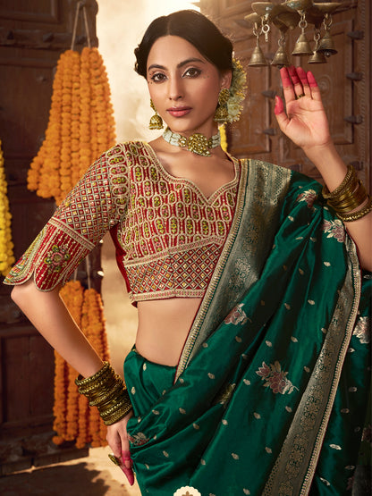 Green Banarasi Silk Saree with Antique Zari &amp; Heavy Pallu