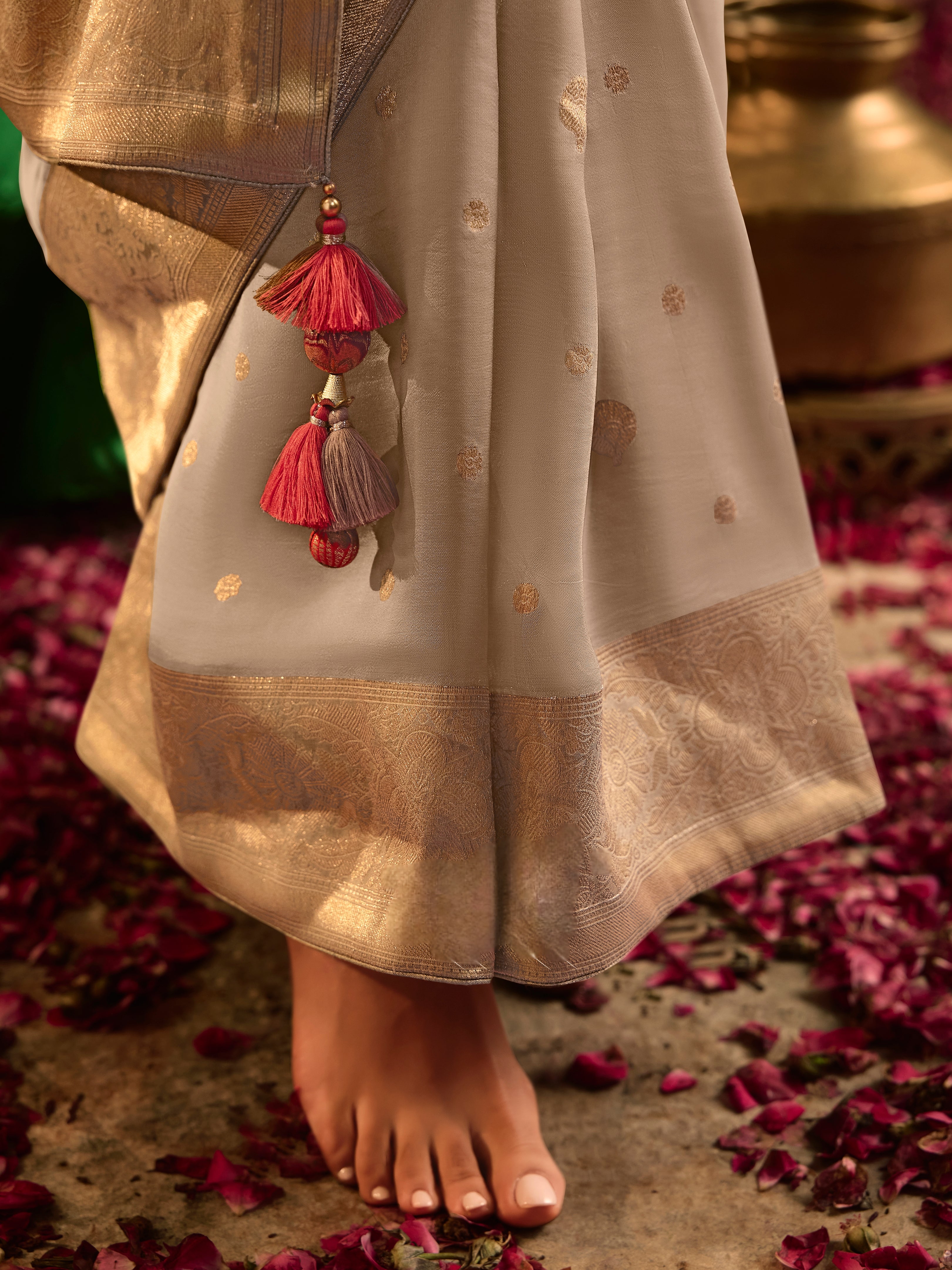 Beige Crepe Dola Silk Designer Saree with Heavy Zari Weaving