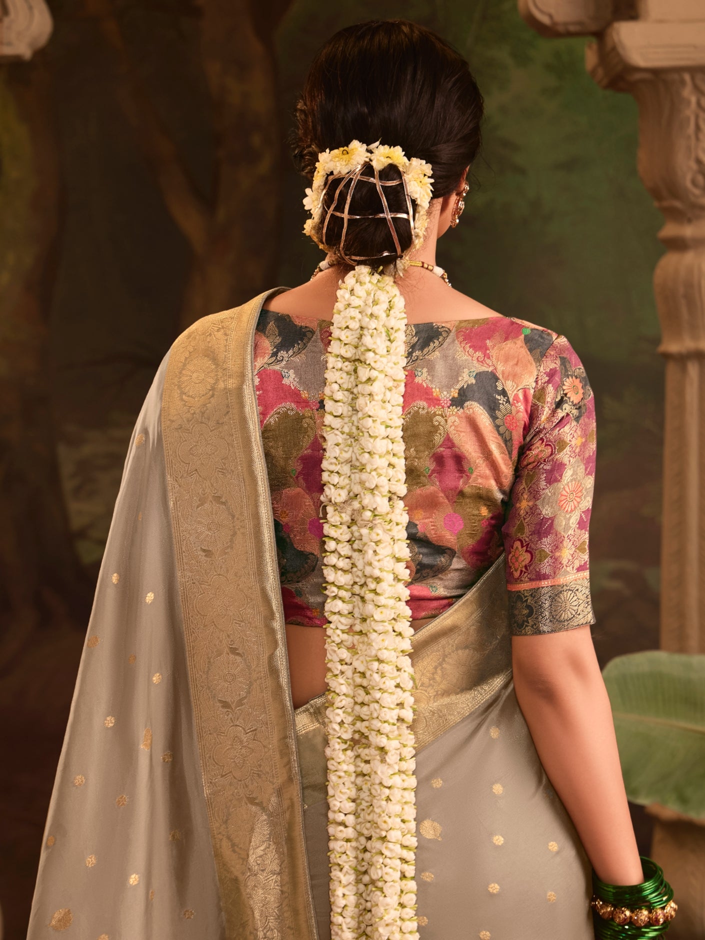 Beige Crepe Dola Silk Designer Saree with Heavy Zari Weaving