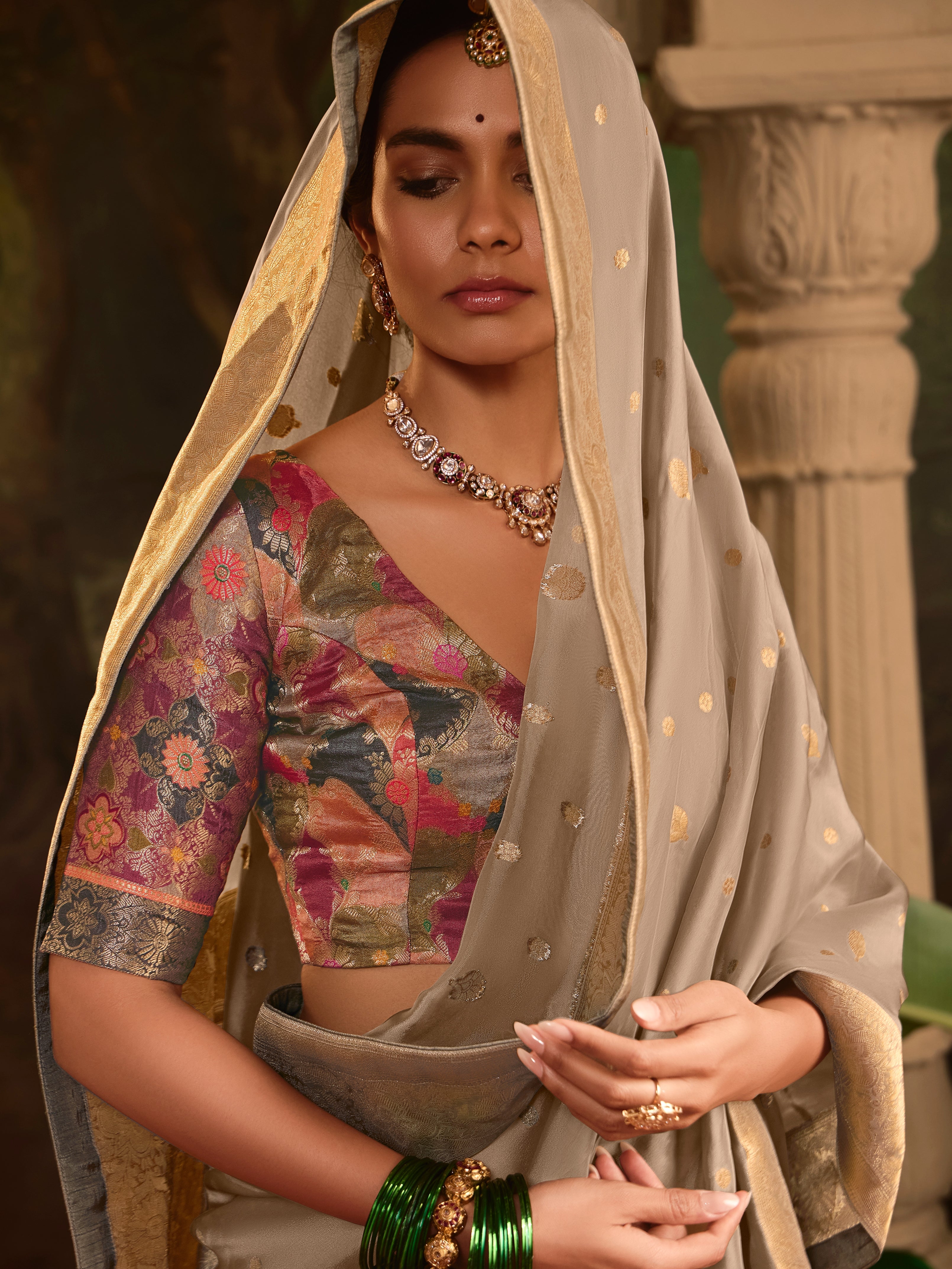 Beige Crepe Dola Silk Designer Saree with Heavy Zari Weaving