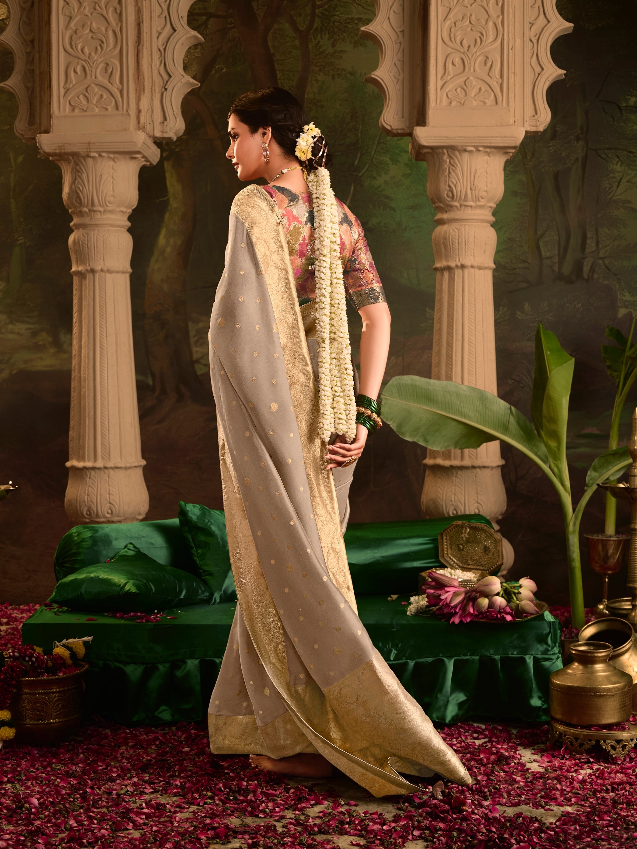 Beige Crepe Dola Silk Designer Saree with Heavy Zari Weaving