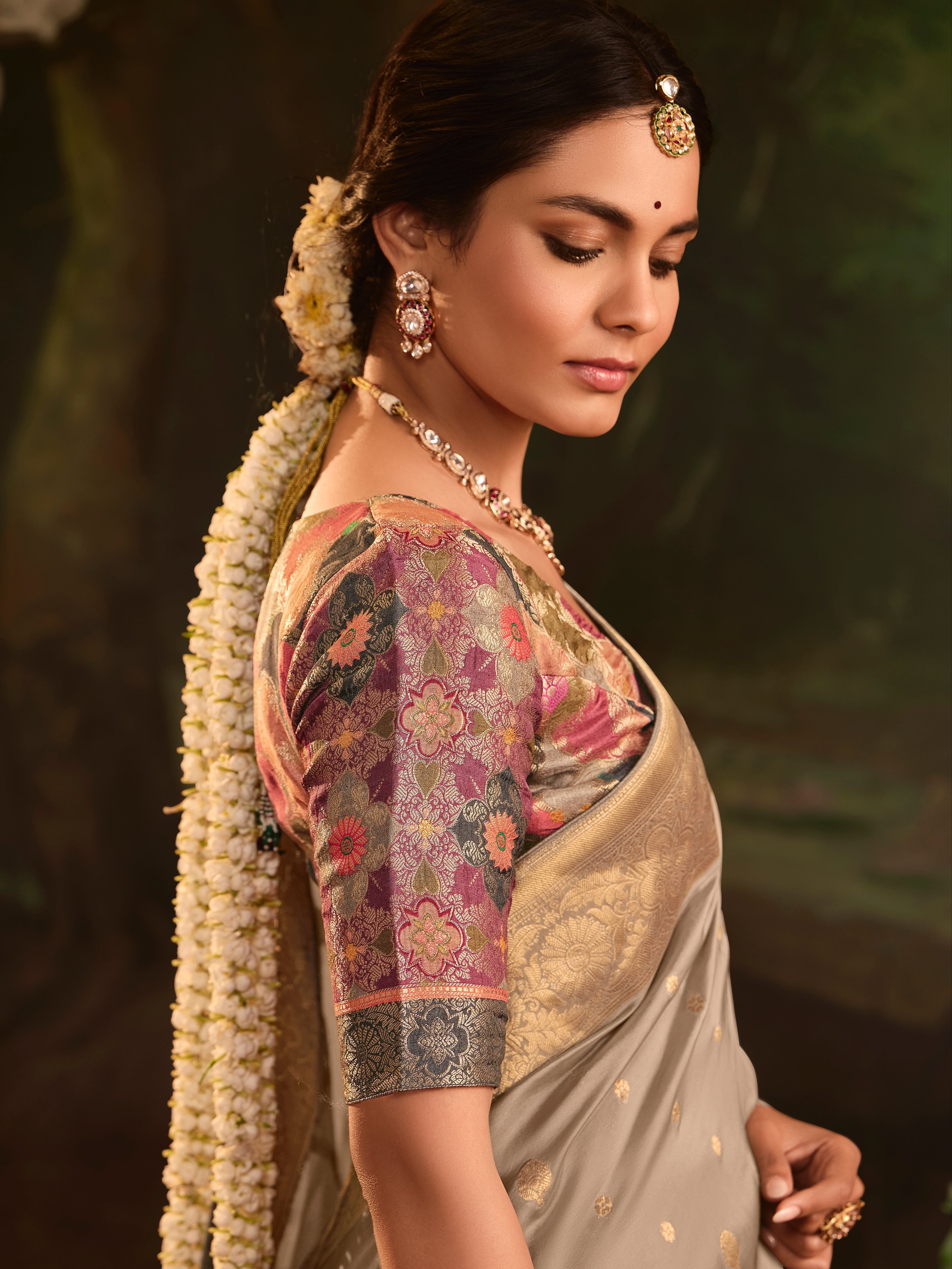 Beige Crepe Dola Silk Designer Saree with Heavy Zari Weaving
