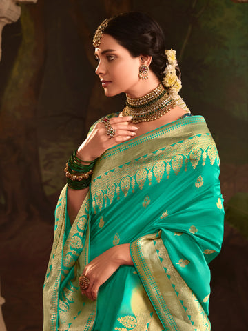 Aqua Blue Crepe Dola Silk Designer Saree with Heavy Zari Weaving