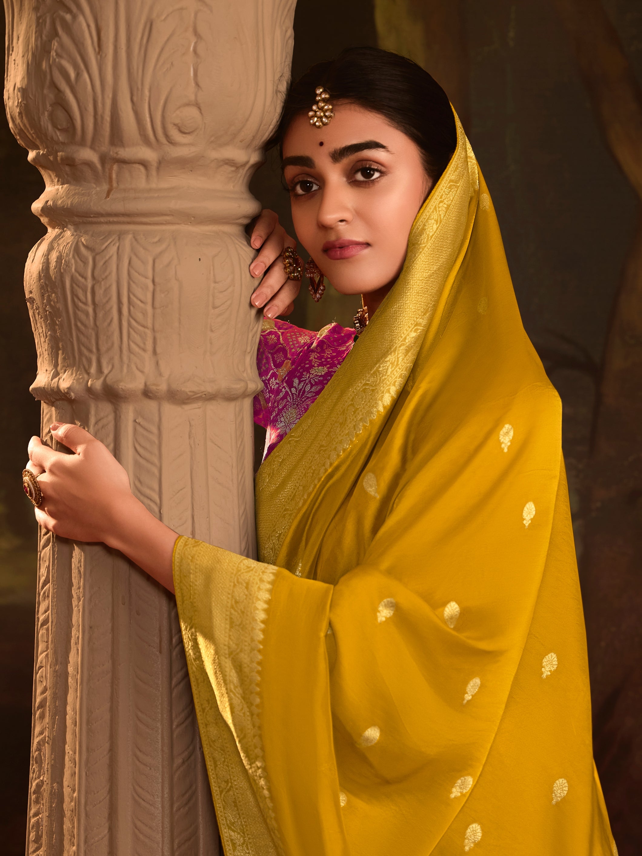 Yellow Crepe Dola Silk Designer Saree with Zari Butta &amp; Tassel Pallu