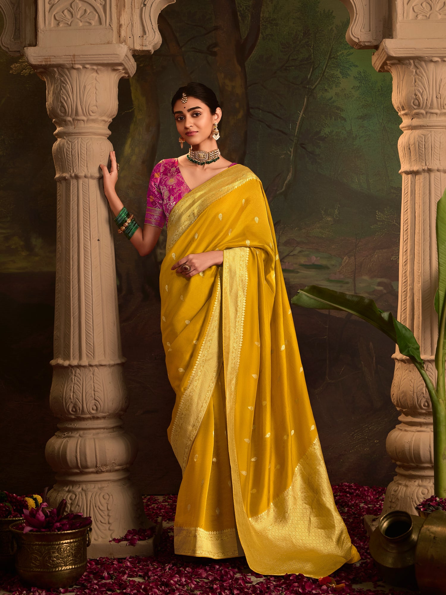 Yellow Crepe Dola Silk Designer Saree with Zari Butta &amp; Tassel Pallu
