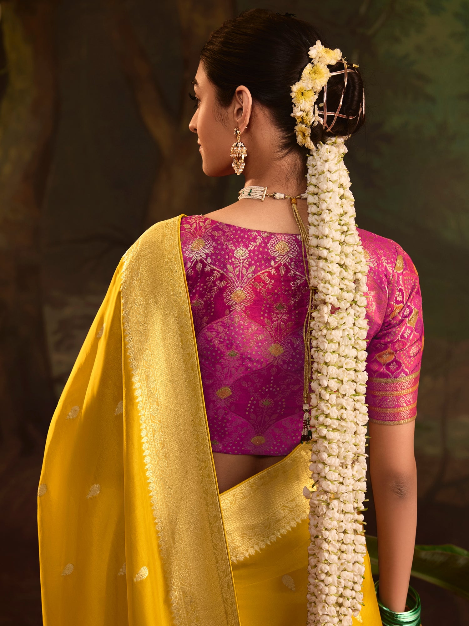 Yellow Crepe Dola Silk Designer Saree with Zari Butta &amp; Tassel Pallu
