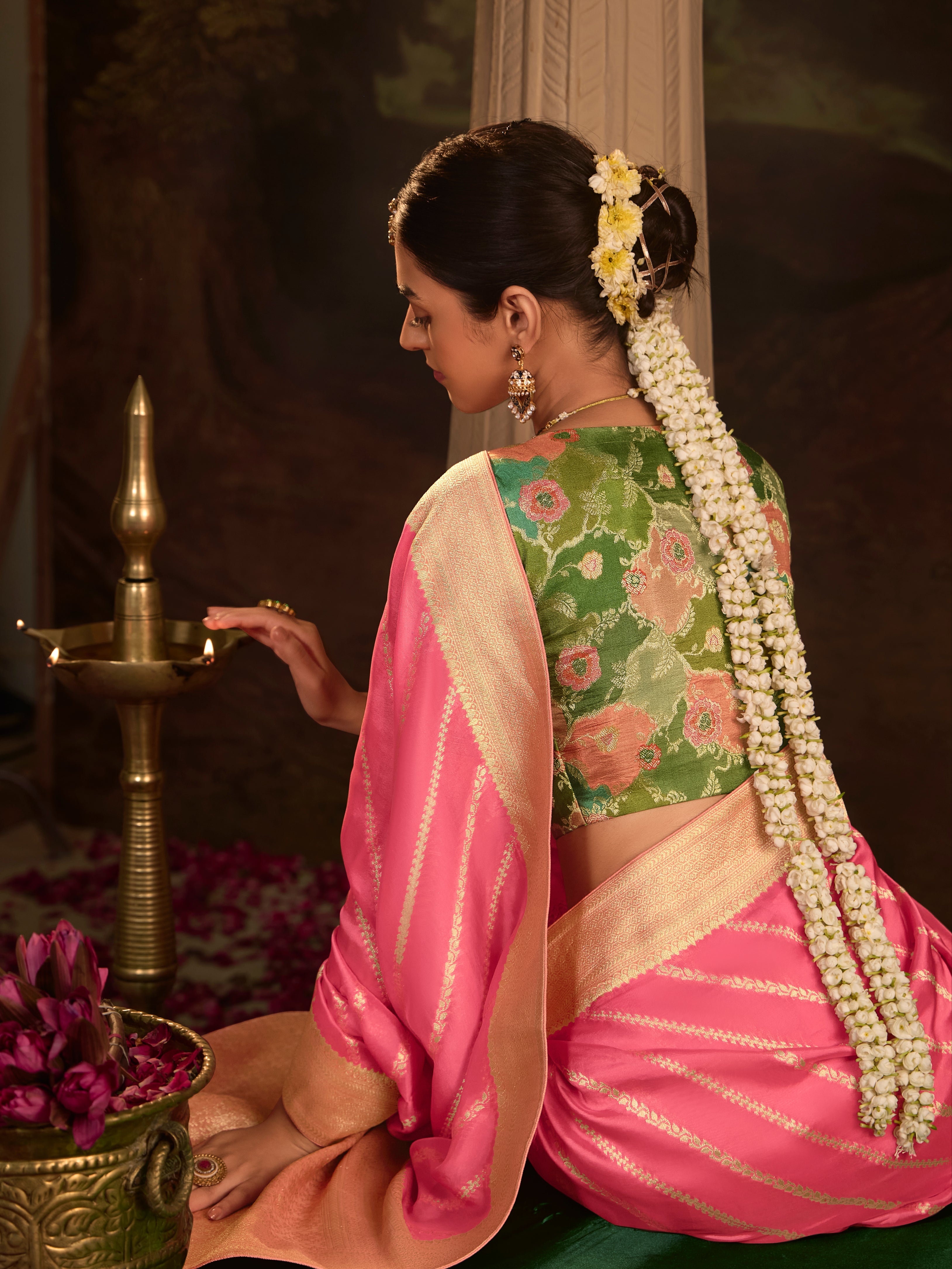 Hot Pink Crepe Dola Silk Designer Saree with Golden Zari Weaving