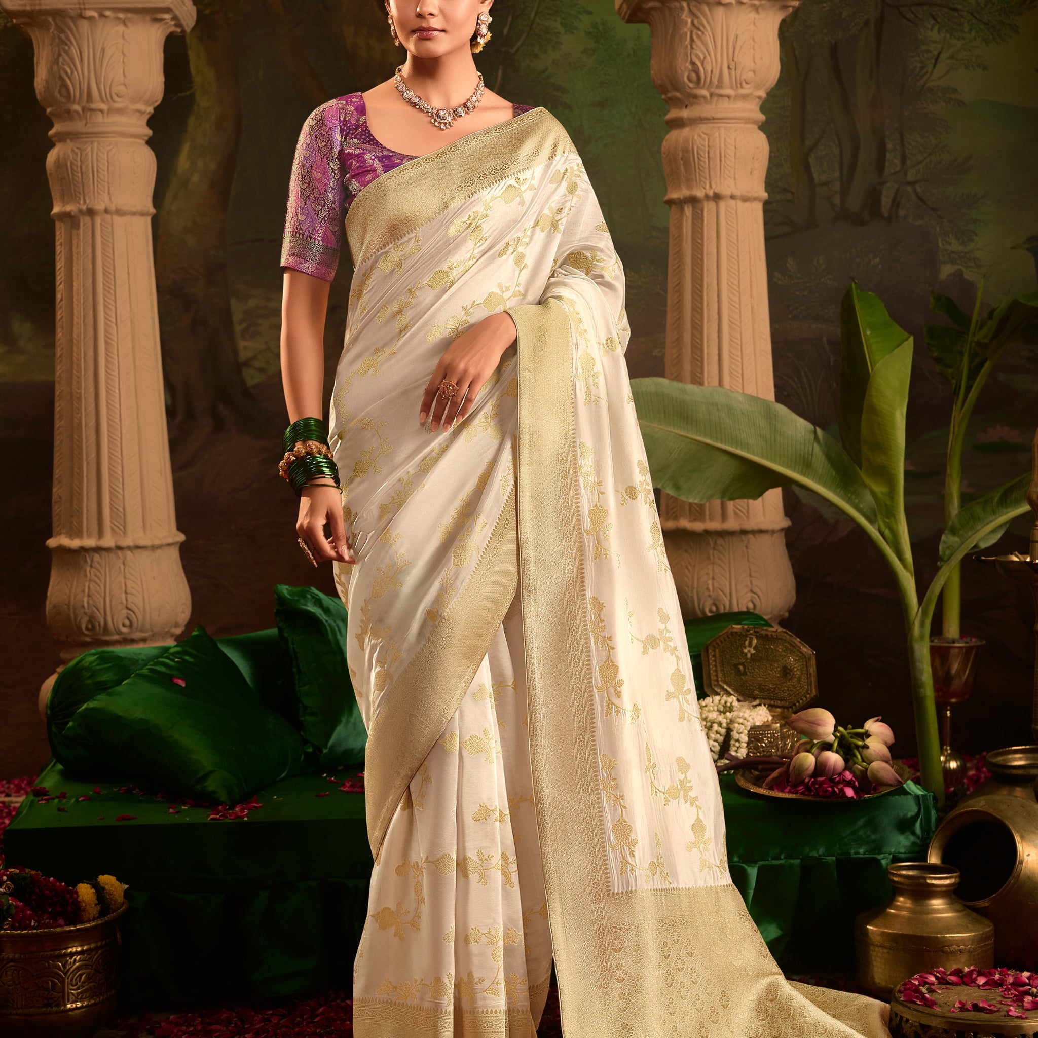 Off-White Crepe Dola Silk Designer Saree with Zari Work
