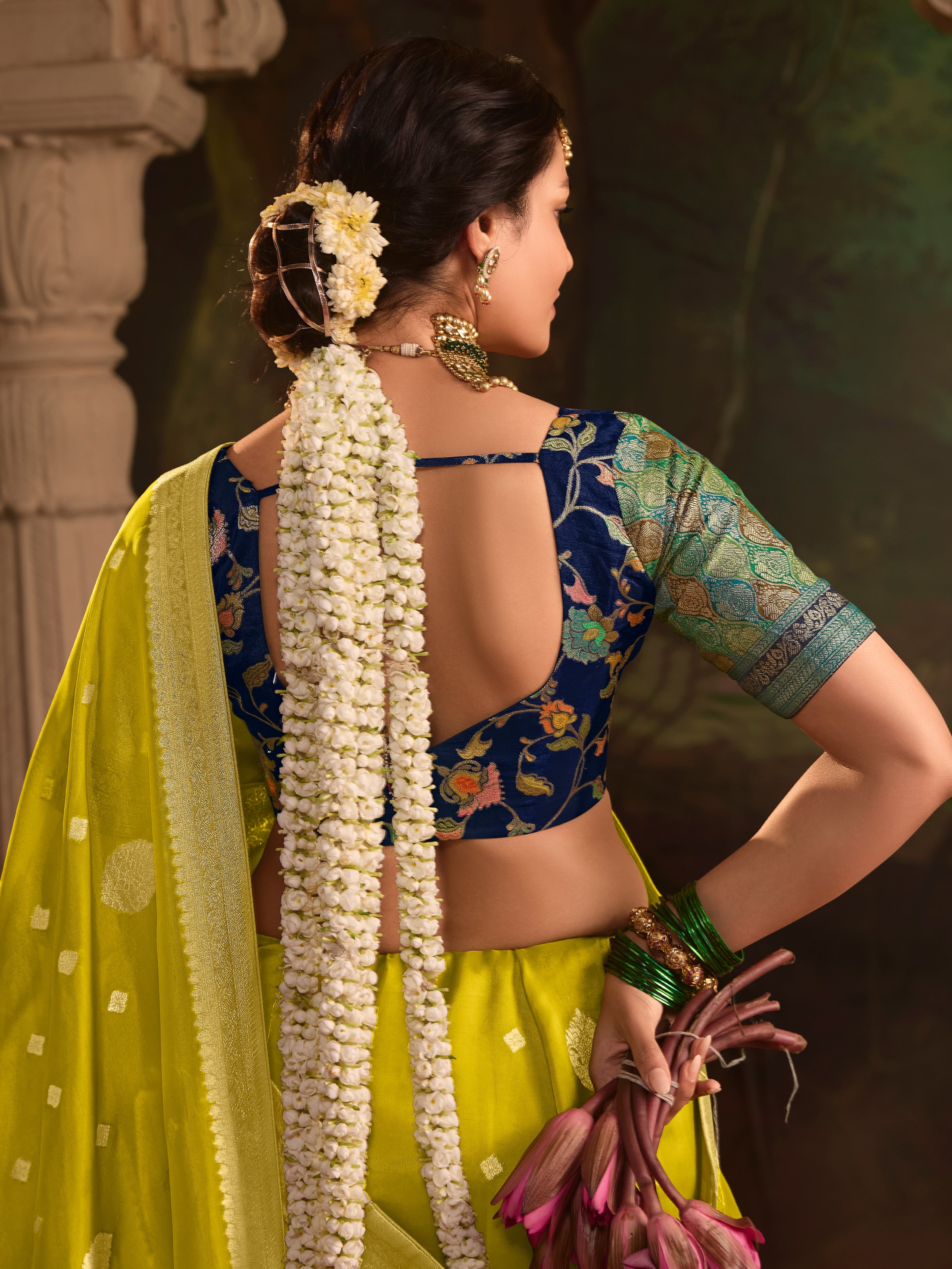 Lime Green Crepe Dola Silk Designer Saree with Zari Weaving