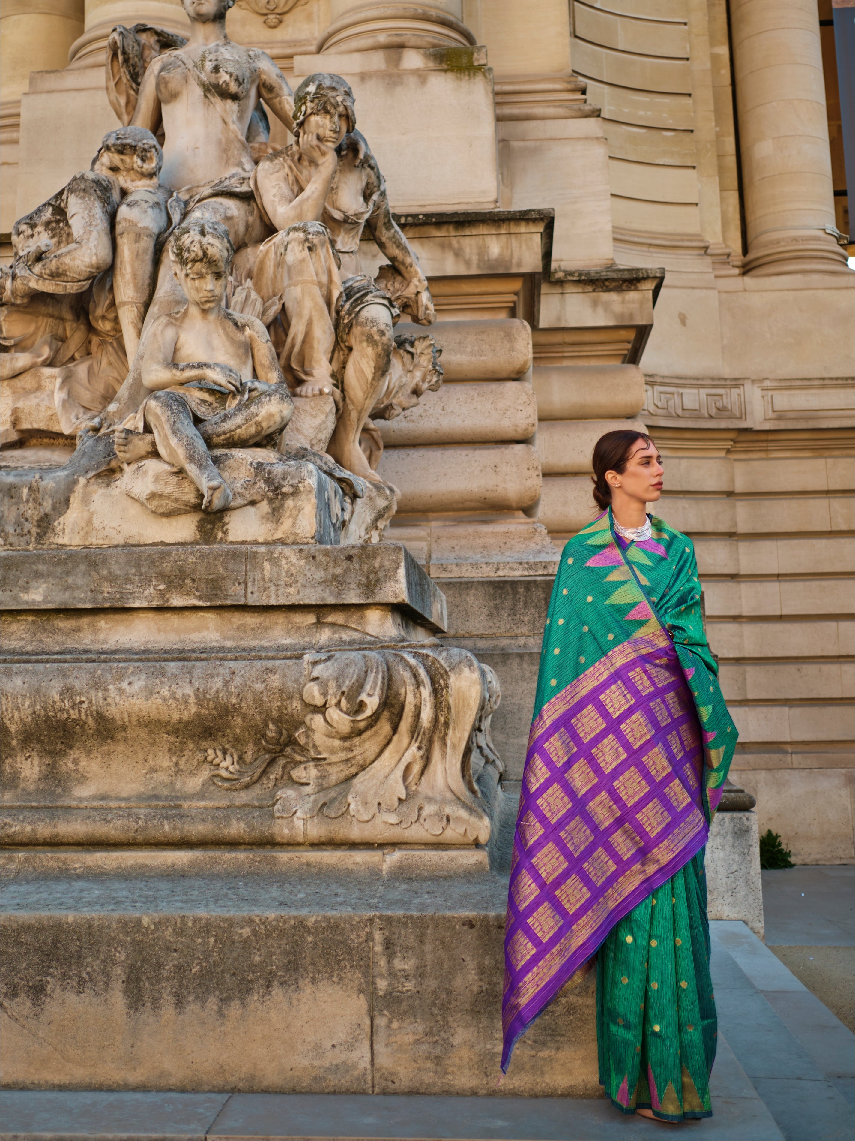 Green Kanchipuram Silk Saree with Purple Contrast Pallu