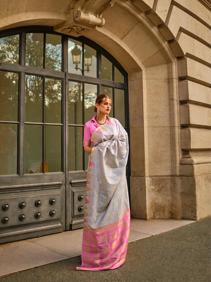 Silver &amp; Pink Kanchipuram Silk Saree with Gold Zari Weaving