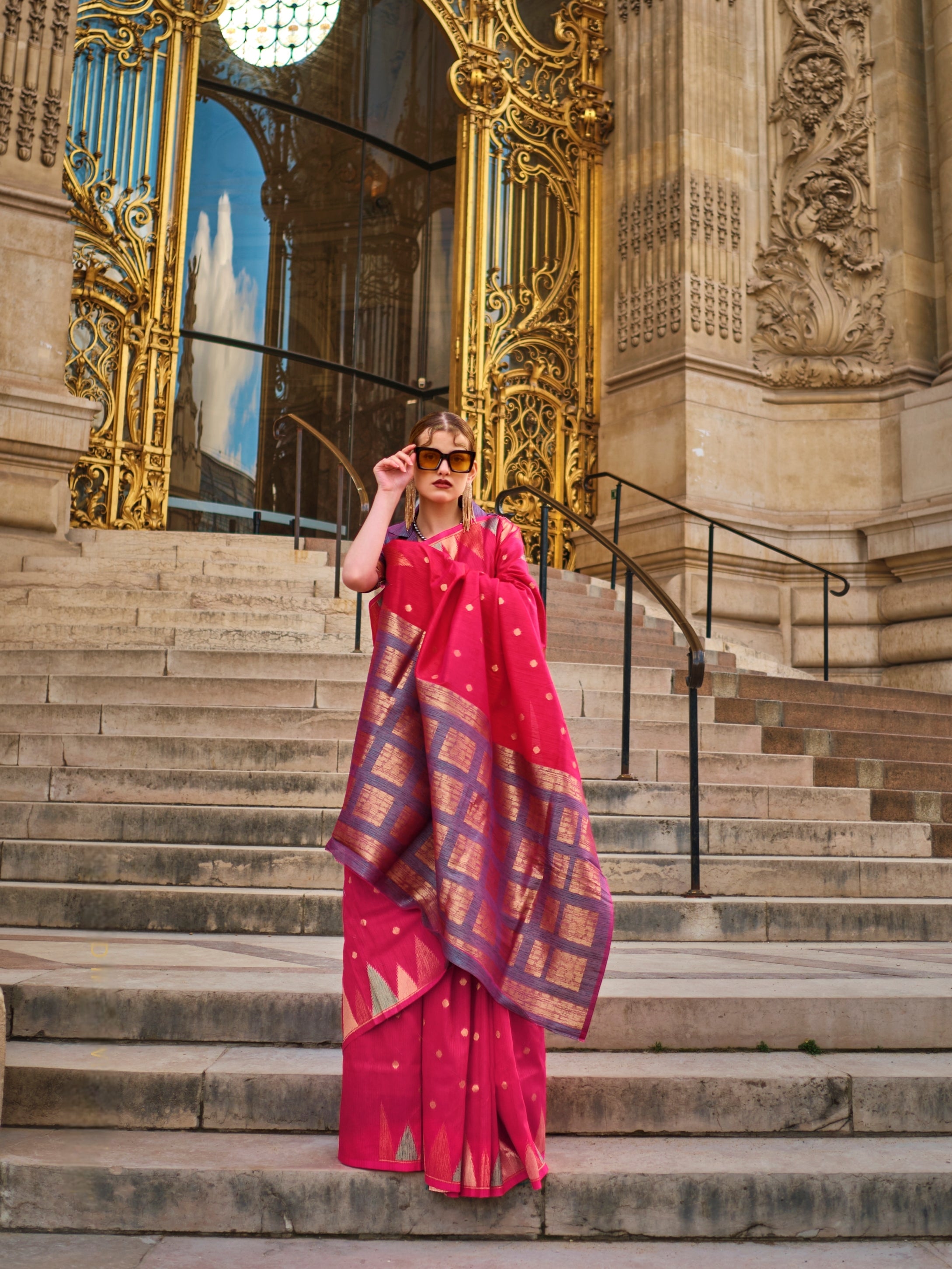 Red &amp; Blue Kanchipuram Silk Saree with Gold Checks