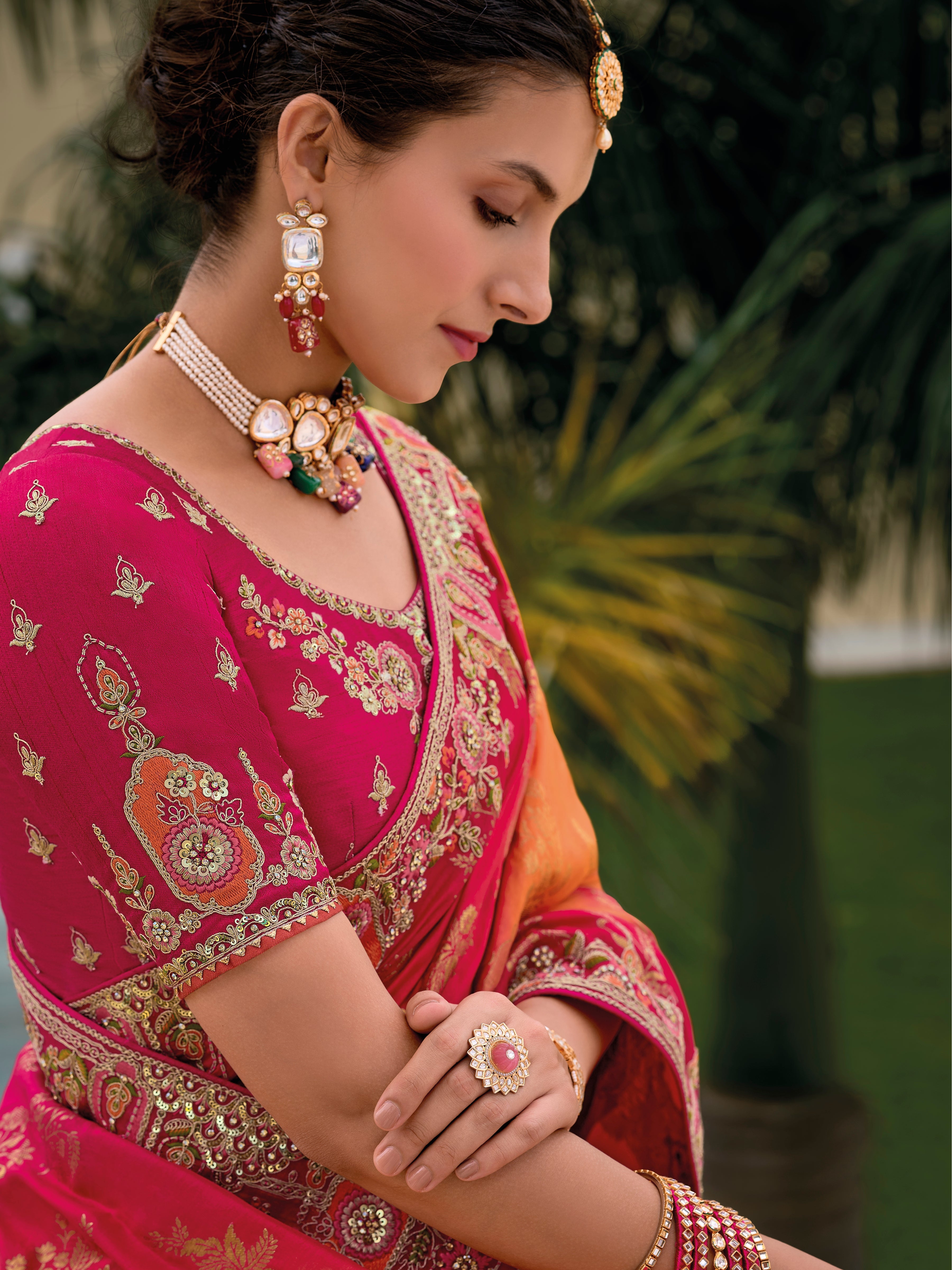 Red & Orange Ombre Banarasi Silk Saree with Heavy Zari Border