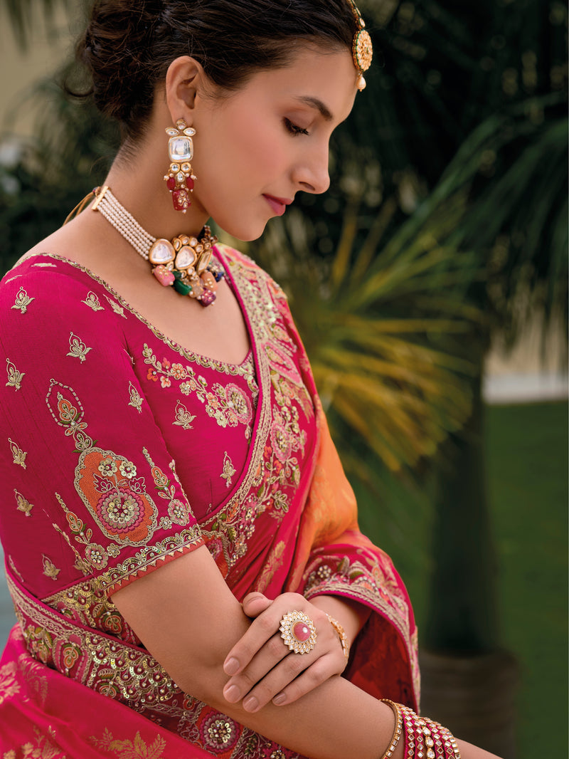 Red & Orange Ombre Banarasi Silk Saree with Heavy Zari Border