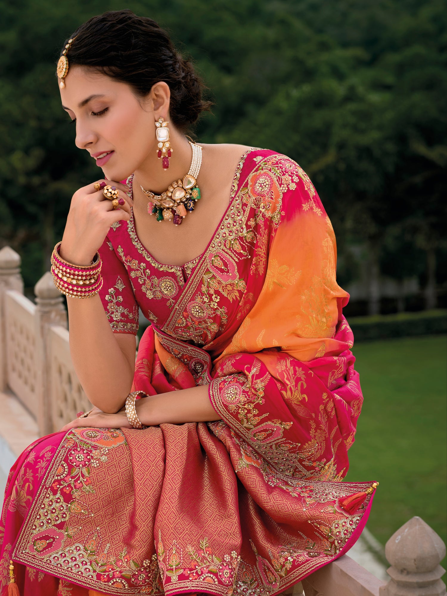 Red &amp; Orange Ombre Banarasi Silk Saree with Heavy Zari Border