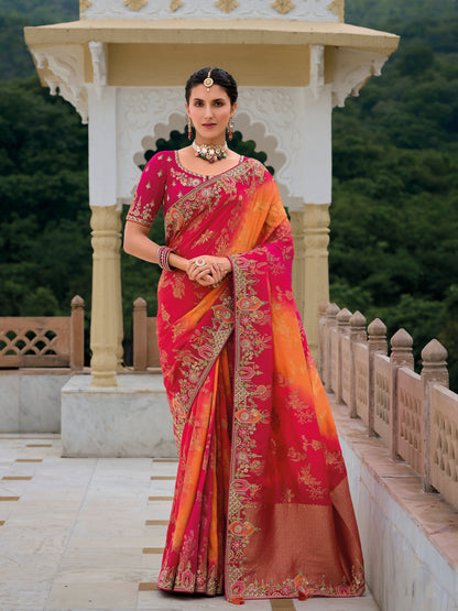 Red &amp; Orange Ombre Banarasi Silk Saree with Heavy Zari Border