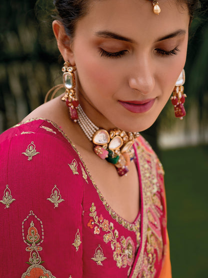 Red &amp; Orange Ombre Banarasi Silk Saree with Heavy Zari Border