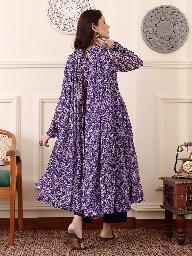 Purple Digital Printed Anarkali Kurti with Dupatta &amp; Bottom