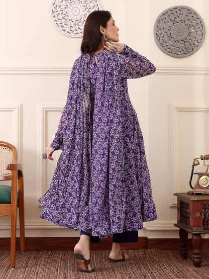 Purple Digital Printed Anarkali Kurti with Dupatta &amp; Bottom