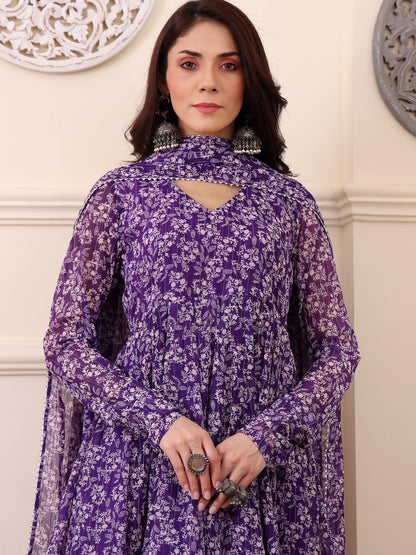 Purple Digital Printed Anarkali Kurti with Dupatta &amp; Bottom