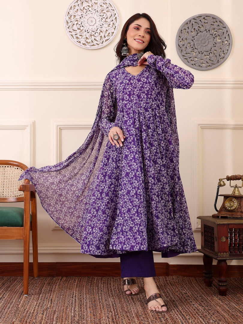 Purple Digital Printed Anarkali Kurti with Dupatta &amp; Bottom
