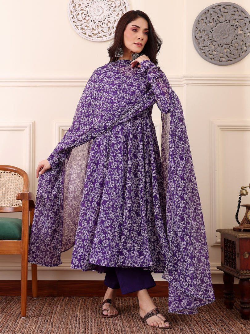 Purple Digital Printed Anarkali Kurti with Dupatta &amp; Bottom