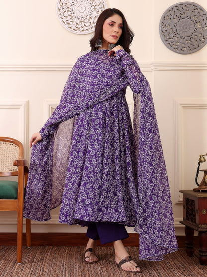 Purple Digital Printed Anarkali Kurti with Dupatta &amp; Bottom