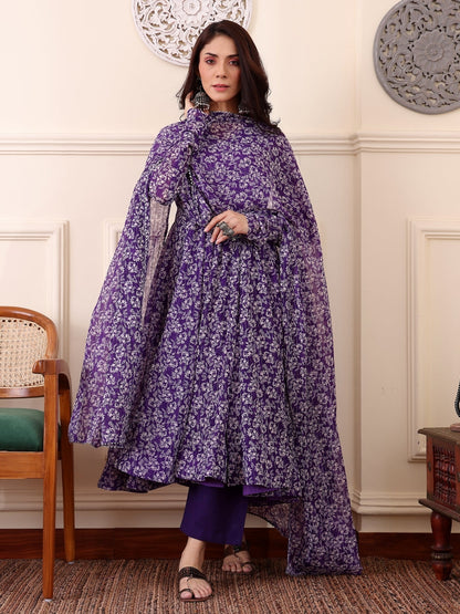 Purple Digital Printed Anarkali Kurti with Dupatta &amp; Bottom