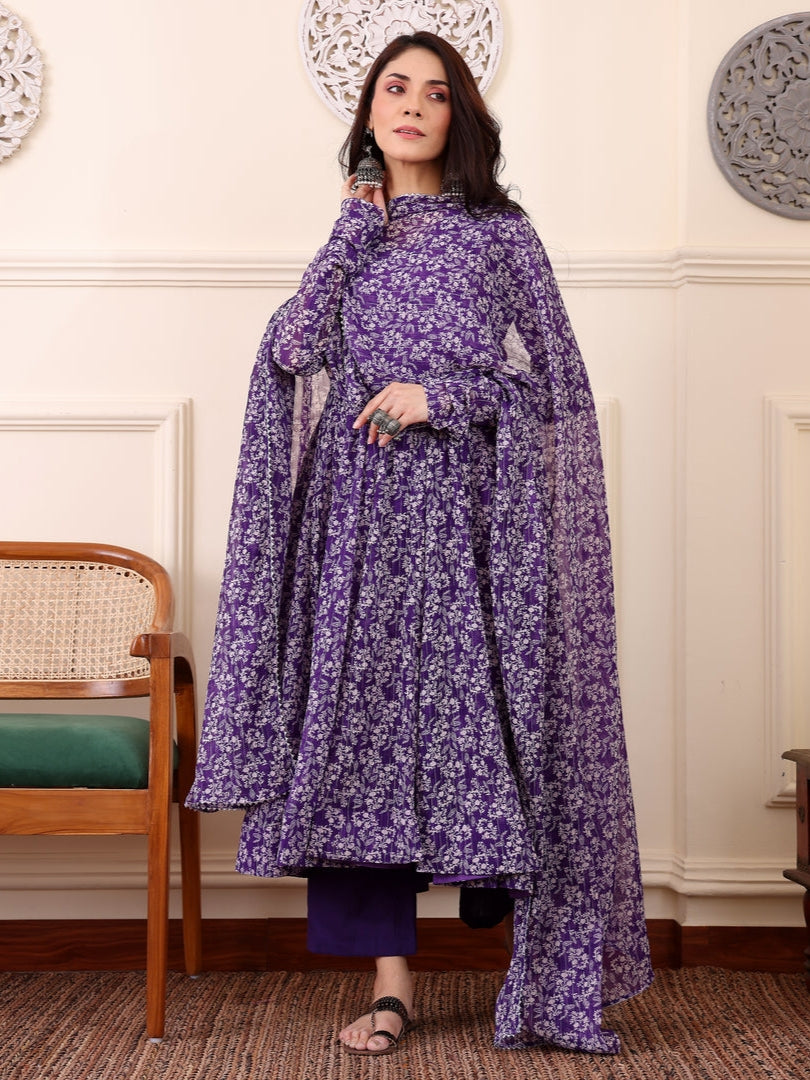 Purple Digital Printed Anarkali Kurti with Dupatta &amp; Bottom