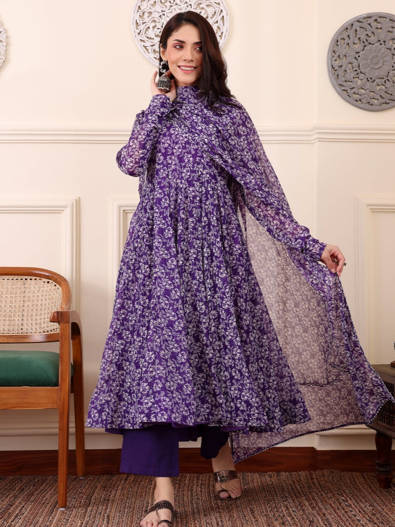 Purple Digital Printed Anarkali Kurti with Dupatta &amp; Bottom
