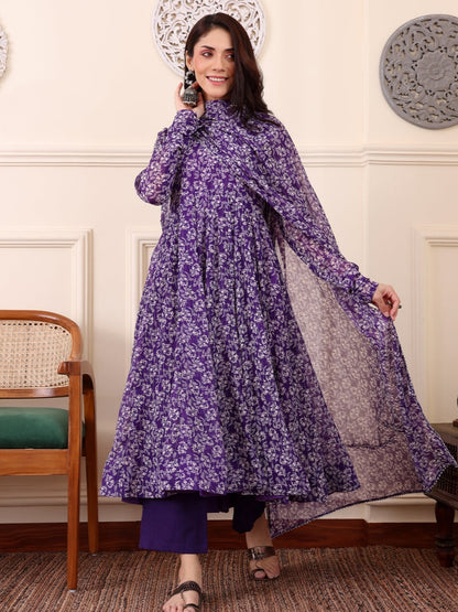 Purple Digital Printed Anarkali Kurti with Dupatta &amp; Bottom
