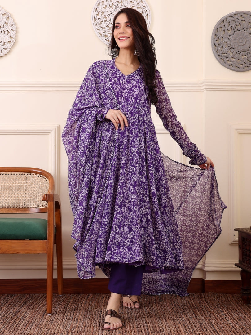 Purple Digital Printed Anarkali Kurti with Dupatta &amp; Bottom
