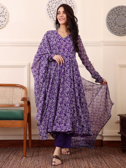 Purple Digital Printed Anarkali Kurti with Dupatta &amp; Bottom