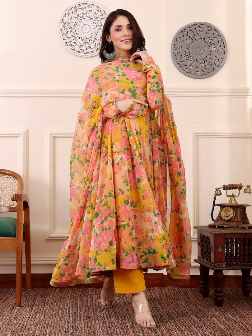 Yellow &amp; Pink Floral Digital Printed Anarkali Kurti Set with Dupatta
