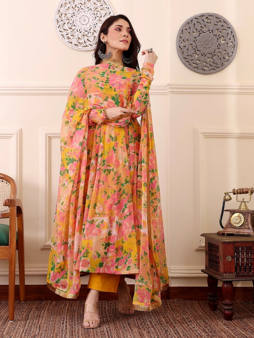 Yellow &amp; Pink Floral Digital Printed Anarkali Kurti Set with Dupatta