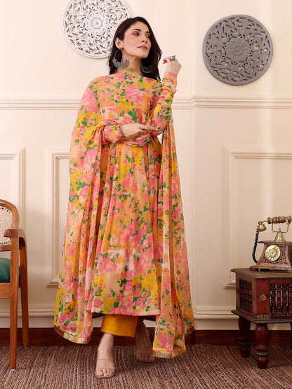 Yellow &amp; Pink Floral Digital Printed Anarkali Kurti Set with Dupatta