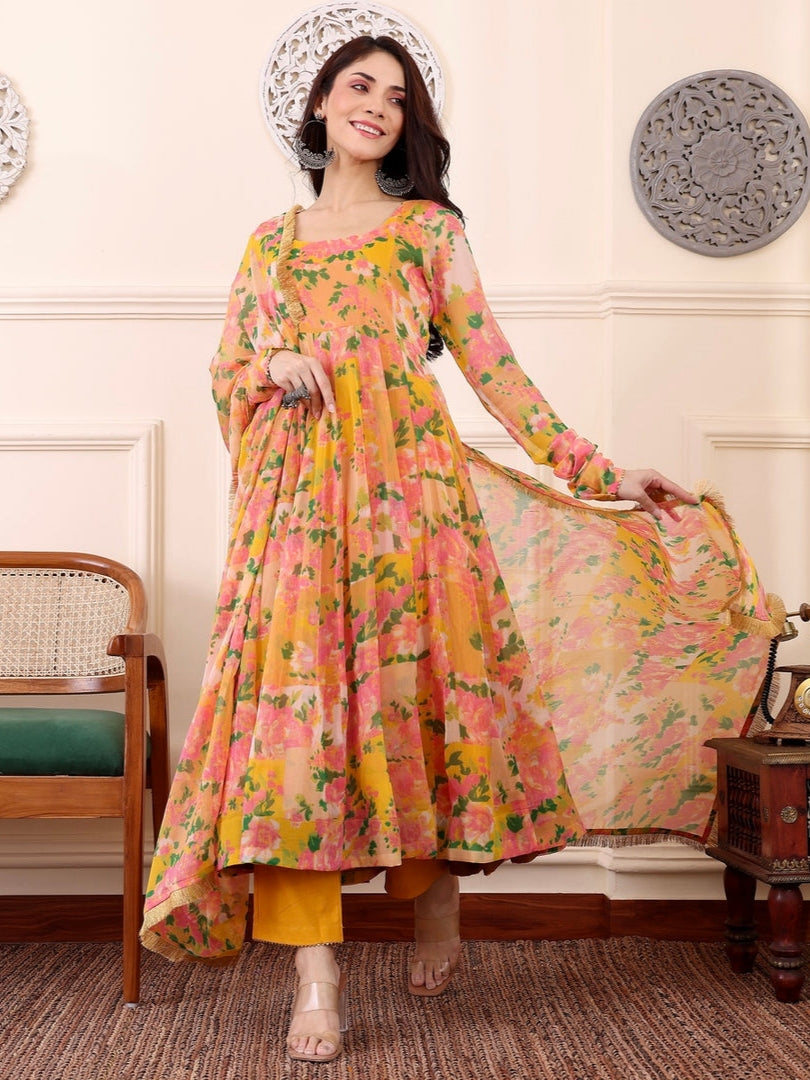 Yellow &amp; Pink Floral Digital Printed Anarkali Kurti Set with Dupatta