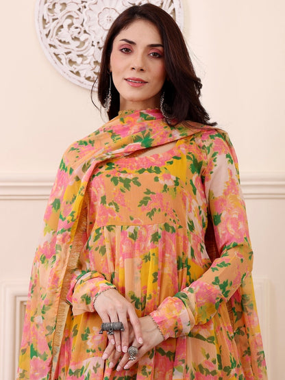 Yellow &amp; Pink Floral Digital Printed Anarkali Kurti Set with Dupatta