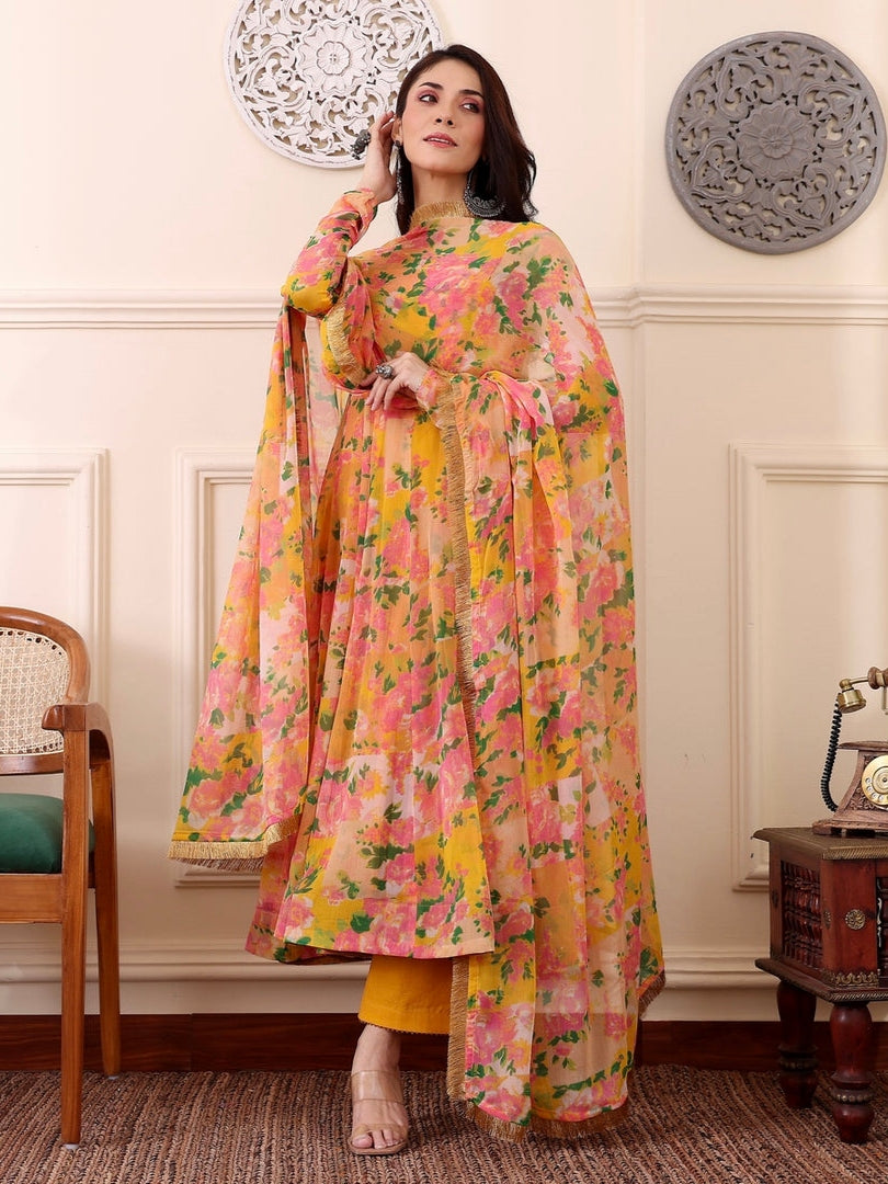 Yellow Pink Floral Digital Printed Anarkali Kurti Set with Dupatta