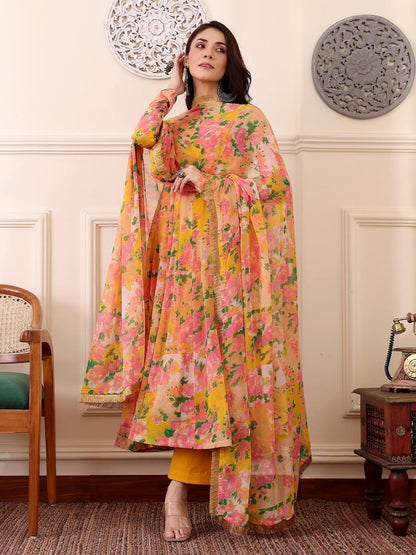 Yellow &amp; Pink Floral Digital Printed Anarkali Kurti Set with Dupatta